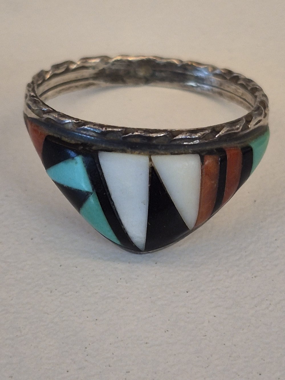 Vintage Zuni Multicolor Inlay Triangle Sterling Ring Size 9